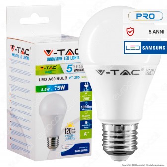 V-Tac PRO VT-285 Lampadina LED E27 8,5W Bulb A60 Chip Samsung - SKU