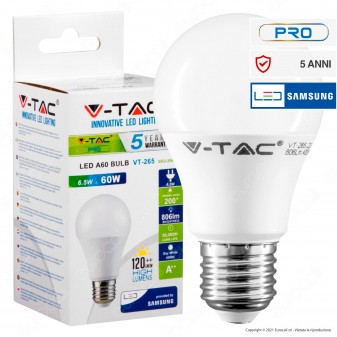V-Tac PRO VT-265 Lampadina LED E27 6,5W Bulb A60 Chip Samsung - SKU