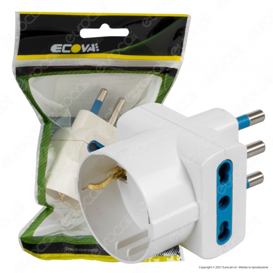 Ecova Adattatore Triplo con 1 Presa Centrale Schuko + 10A 2P+T e 2 Ecova Adattatore Triplo con 1 Presa Centrale Schuko + 10A 2P+T e 2