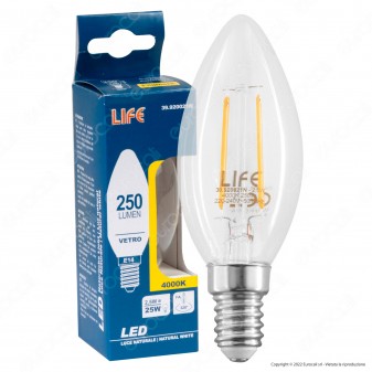 Life Lampadina LED E14 Filament 2.5W Bulb C35 Candela Transparent - mod....