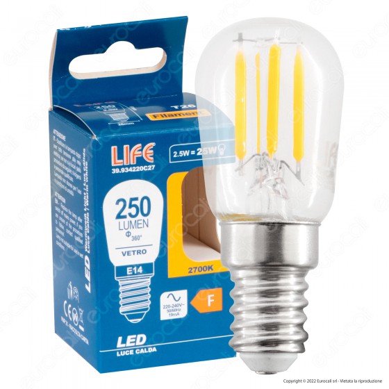 Life Lampadina LED E14 Filament 2.5W Tubolare T26 Transparent - Life Lampadina LED E14 Filament 2.5W Tubolare T26 Transparent -