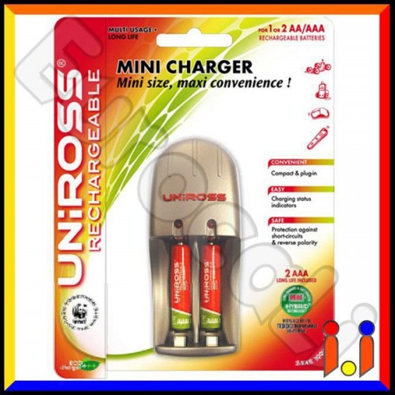 Uniross Mini Charger Caricabatterie + 2 Pile Ministilo AAA Hybrio