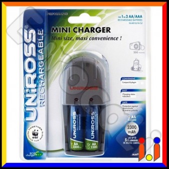 Uniross Mini Charger Caricabatterie + 2 Pile Stilo AA Performance