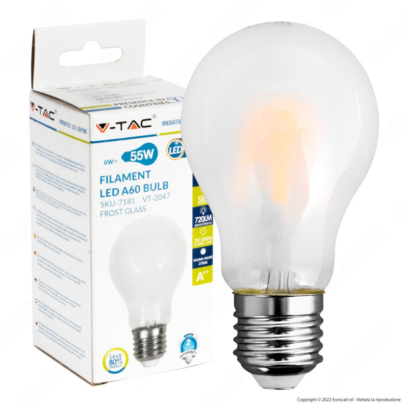 V-Tac VT-2047 Lampadina LED E27 6W Bulb A60 Frost Filamento - SKU
