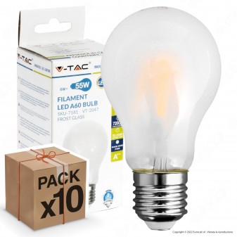 10 Lampadine LED V-Tac VT-2047 E27 6W Bulb A60 Frost Filamento - Pack