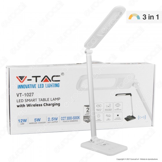 V-Tac VT-1027 Lampada da Tavolo LED 16W Multifunzione con Stazione di Ricarica Wireless - SKU 8519 [TERMINATO]