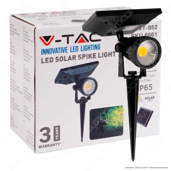 V-Tac VT-952 Lampada LED da Giardino 2W COB IP65 con Pannello Solare