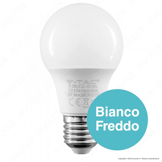 V-Tac VT-2099 Lampadina LED E27 8.5W Bulb A60 Goccia SMD - SKU V-Tac VT-2099 Lampadina LED E27 8.5W Bulb A60 Goccia SMD - SKU