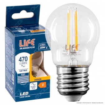Life Lampadina LED E27 Filament 4.5W MiniGlobo G45 Vetro