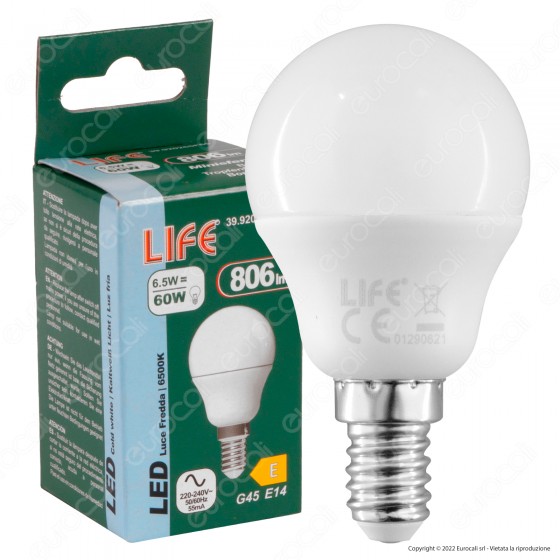 Life Lampadina LED E14 6.5W MiniGlobo G45 Sfera SMD - mod. Life Lampadina LED E14 6.5W MiniGlobo G45 Sfera SMD - mod.
