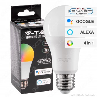 V-Tac Smart VT-5119 Lampadina LED Wi-Fi E27 10W Bulb A60 Goccia RGB+W 4in1...