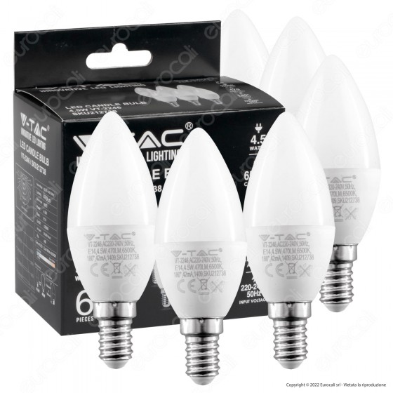 V-Tac VT-2246 Super Saver Pack 6x Lampadina LED E14 4.5W Candle V-Tac VT-2246 Super Saver Pack 6x Lampadina LED E14 4.5W Candle