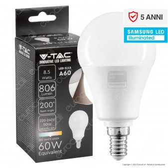 V-Tac VT-269 Lampadina LED E14 8.5W Bulb A60 Goccia SMD Chip Samsung