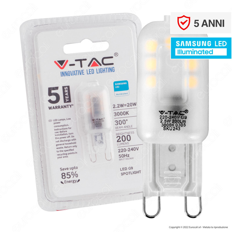 V-Tac VT-203 Lampadina LED G9 Spotlight 2.2W Bulb SMD Chip Samsung -
