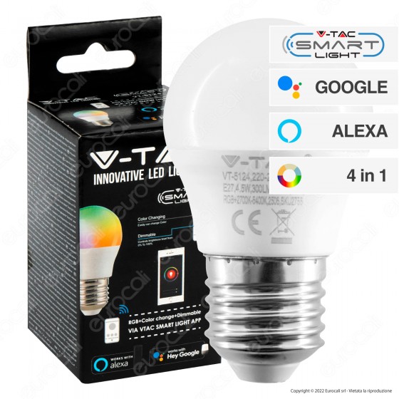 V-Tac Smart VT-5124 Lampadina LED Wi-Fi E27 5.5W MiniGlobo G45 RGB+W V-Tac Smart VT-5124 Lampadina LED Wi-Fi E27 5.5W MiniGlobo G45 RGB+W