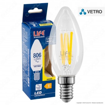 Life Lampadina LED E14 Filament 6.5W Candle C35 Candela in Vetro Trasparente...