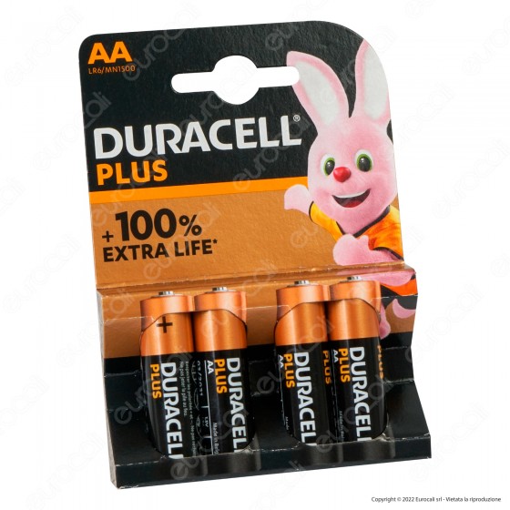 Duracell Plus Pile LR6 Alcaline Stilo AA Mignon 1.5V Lunga Durata - Blister da 4 Batterie