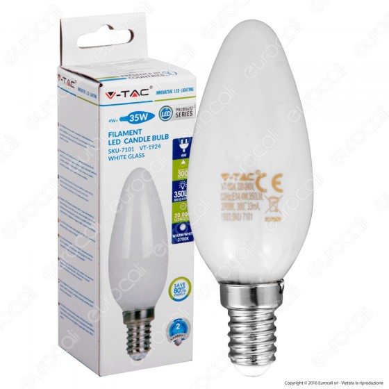 V-Tac VT-1924 Lampadina LED E14 4W Candela Frost Filamento - SKU 7101 V-Tac VT-1924 Lampadina LED E14 4W Candela Frost Filamento - SKU 7101