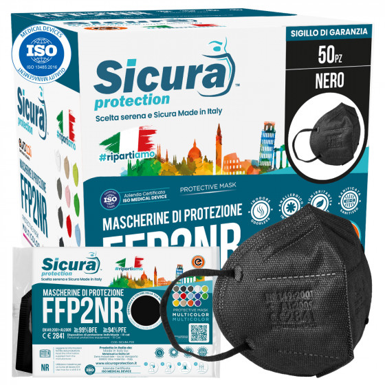 Sicura Protection 50 Mascherine Protettive Colore Nero Elastici Neri