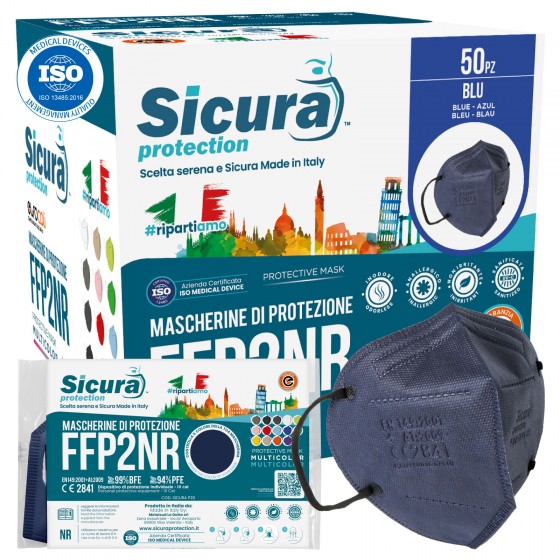 Sicura Protection 50 Mascherine Protettive Colore Blu Elastici Neri Fattore Protezione Certificato FFP2 NR in TNT