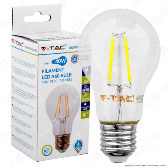 V-Tac VT-1885 Lampadina LED E27 4W Bulb A60 Filamento - SKU 4259 / 7119 / 7120