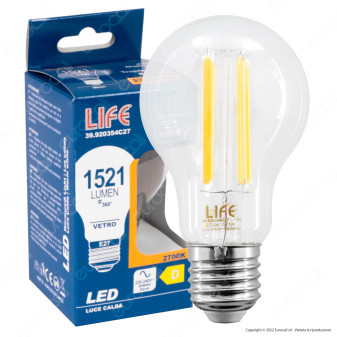 Life Lampadina LED E27 11W Bulb A60 Goccia Filament Vetro Trasparente - mod....