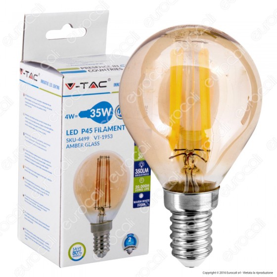 V-Tac VT-1953 Lampadina LED E14 4W MiniGlobo P45 Filamento Ambrata - V-Tac VT-1953 Lampadina LED E14 4W MiniGlobo P45 Filamento Ambrata -