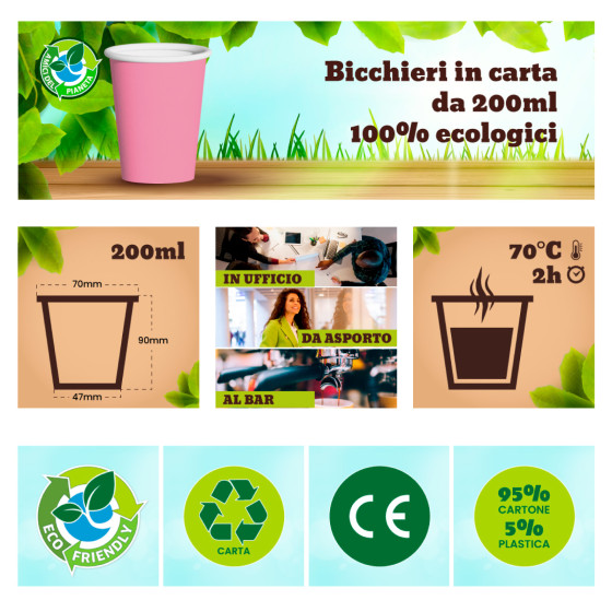 25 Bicchieri in Carta Biodegradabile Rosa da 200ml
