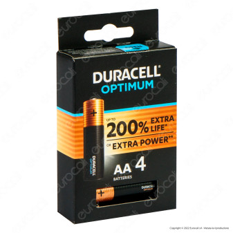 Duracell Optimum LR6 Stilo AA Mignon 1.5V Pile Alcaline - Confezione da 4 Batterie