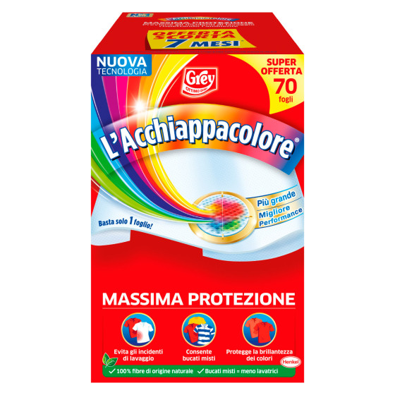 Grey L'Acchiappacolore Massima Protezione per Lavatrice Bucato Misto - Confezione da 70 Fogli Grey L'Acchiappacolore Massima Protezione per Lavatrice Bucato Misto - Confezione da 70 Fogli