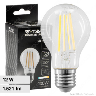 V-Tac VT-2133 Lampadina LED E27 12W Bulb A60 Goccia Filament Vetro Trasparente - SKU 217460