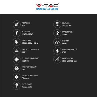 V-Tac VT-2133 Lampadina LED E27 12W Bulb A60 Goccia Filament Vetro Trasparente - SKU 217460
