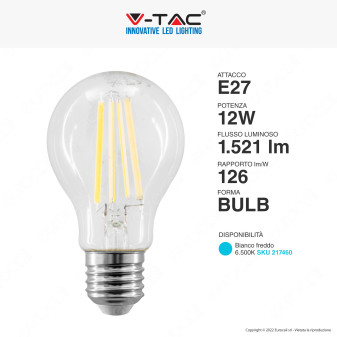 V-Tac VT-2133 Lampadina LED E27 12W Bulb A60 Goccia Filament Vetro Trasparente - SKU 217460