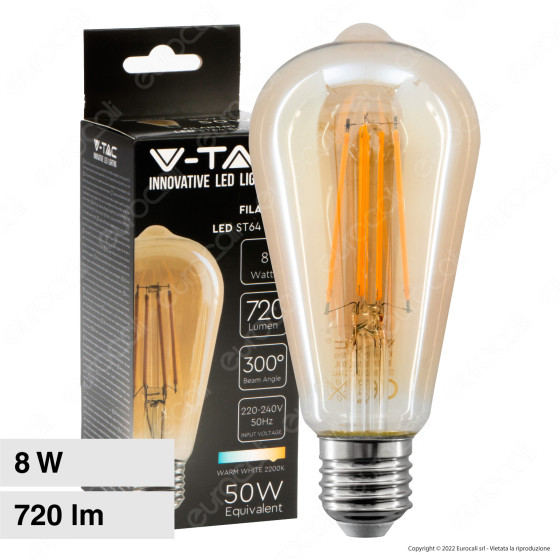 V-Tac VT-1968 Lampadina LED E27 8W Bulb ST64 LED Filament Vetro V-Tac VT-1968 Lampadina LED E27 8W Bulb ST64 LED Filament Vetro