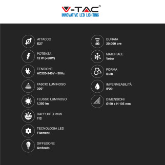 V-Tac VT-2123 Lampadina LED E27 12W Bulb A60 Goccia Filament