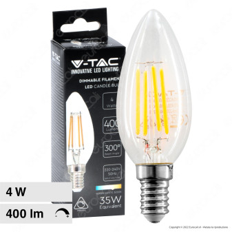 V-Tac VT-2304D Lampadina LED E14 4W Candle Bulb C35 Candela Filament Dimmerabile Vetro Trasparente