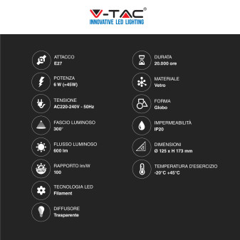 V-Tac VT-1983 Lampadina LED E27 6W Bulb G125 Globo Filament