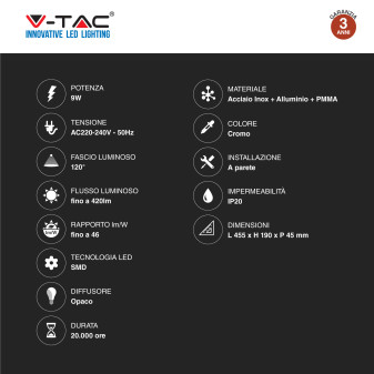 V-Tac Gallery VT-7009CH Lampada LED da Specchio 9W Wall Light