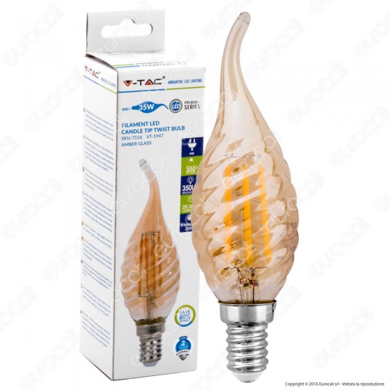V-Tac VT-1947 Lampadina LED E14 4W Candela Fiamma Twist Filamento V-Tac VT-1947 Lampadina LED E14 4W Candela Fiamma Twist Filamento