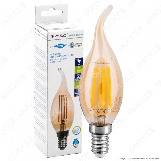 V-Tac VT-1949 Lampadina LED E14 4W Candela Fiamma Filamento Ambrata - V-Tac VT-1949 Lampadina LED E14 4W Candela Fiamma Filamento Ambrata -