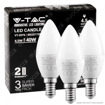 V-Tac VT-2076 Super Saver Pack 3x Lampadina LED E14 4.5W Candle Bulb Candela...