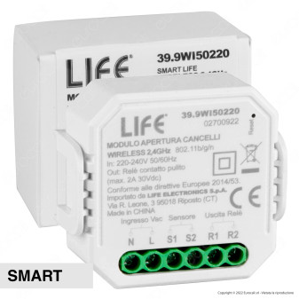 Life Modulo 1CH N.O. Wireless Apertura Cancello o Garage Wi-Fi 2.4 GHz Smart - mod. 39.9WI50220
