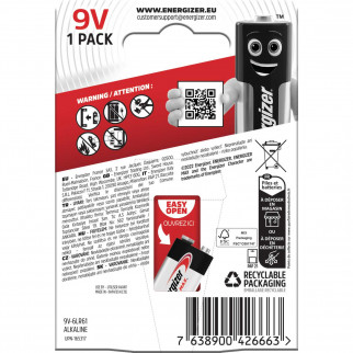 Energizer Max 6LR61 E-Block Transistor 9V Pila Alcalina - Blister da 1 Batteria