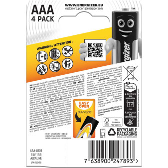 Energizer Alkaline Power LR03 Mini Stilo AAA Micro 1.5V Pile Alcaline - Blister da 4 Batterie