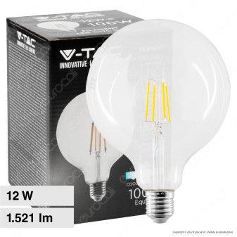 V-Tac VT-2143 Lampadina LED E27 12W Bulb G125 Globo Filament Vetro Trasparente - SKU 217453 /
