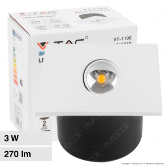 V-Tac VT-1109SQ Punto Luce LED COB 3W Segnapasso Quadrato da Incasso Colore...