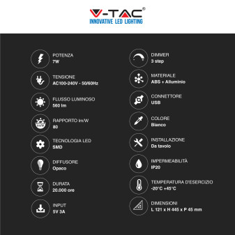 V-Tac VT-7505 Lampada LED da Tavolo 7W Multifunzione Stazione
