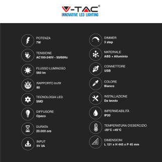 V-Tac VT-7505 Lampada LED da Tavolo 7W Multifunzione Stazione
