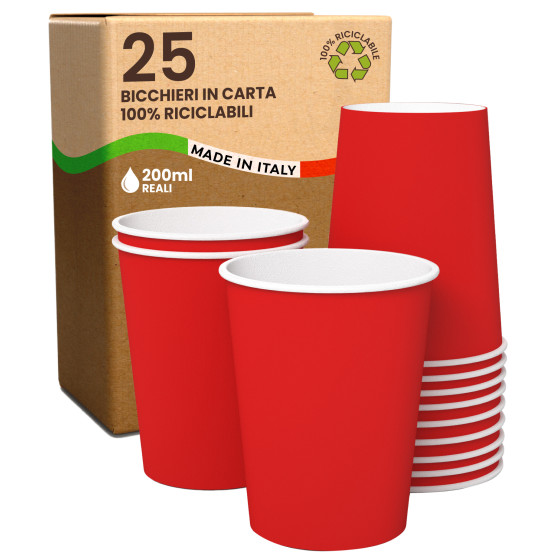 Bicchieri in Carta Riciclabile Colore Rosso da 200ml - Confezione da 25 Bicchieri Bicchieri in Carta Riciclabile Colore Rosso da 200ml - Confezione da 25 Bicchieri