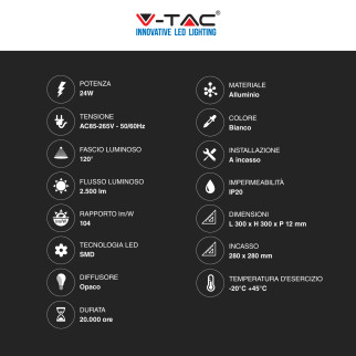 V-Tac VT-2407 Pannello LED Quadrato 24W SMD da Incasso con